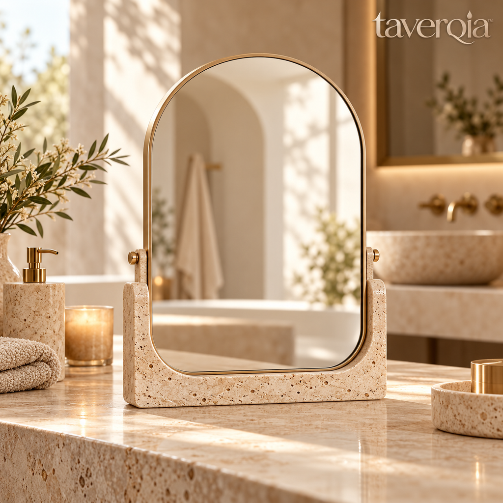 Taverqia Arched Travertine-Look Vanity Mirror view 1