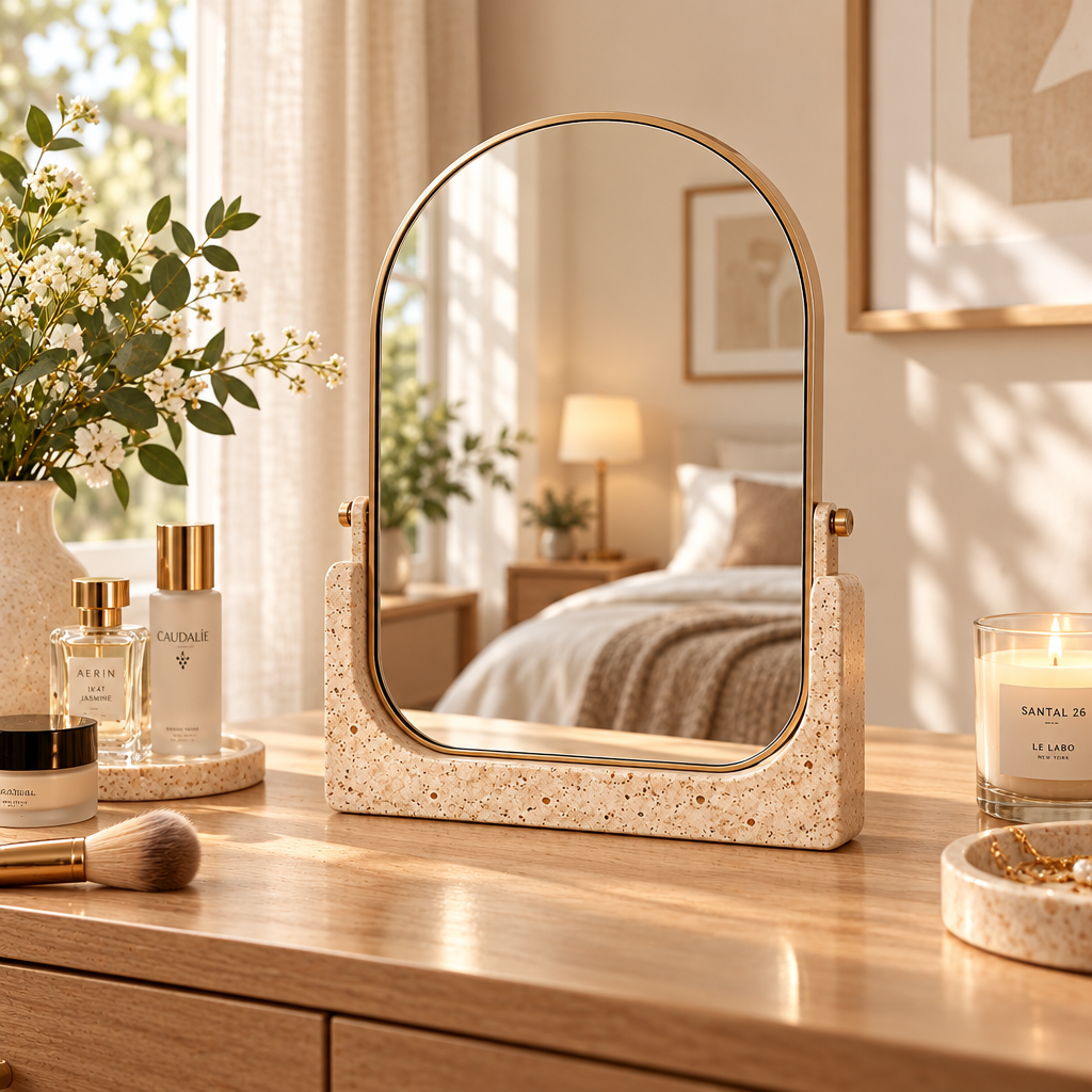 Taverqia Arched Travertine-Look Vanity Mirror view 4