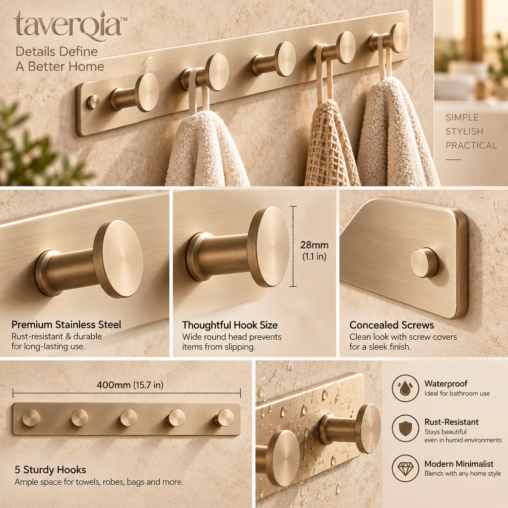 Taverqia Brushed Gold Wall-Mounted Towel Hook Rail view 5
